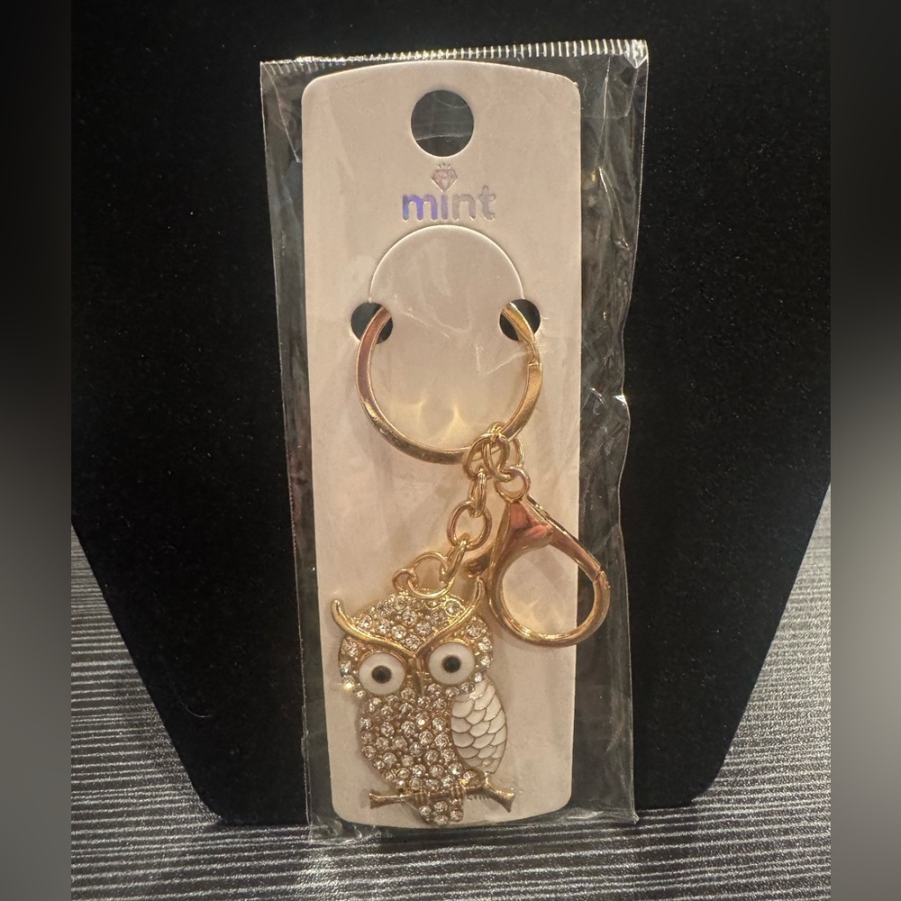 Mint Sparkling Owl Keychain or Bag Charm with Gold and White Accents